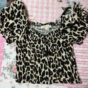 Monteau Brown and Black Leopard Print Smocked Top